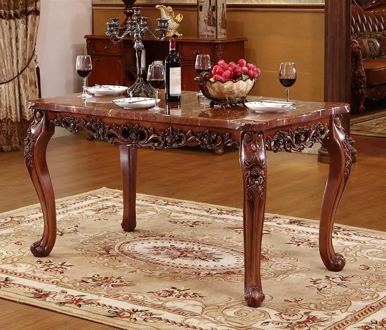 Elegant Dining Table, Marble Table, High Grade Solid Wood Carving Rectangular Dining Table Furniture
