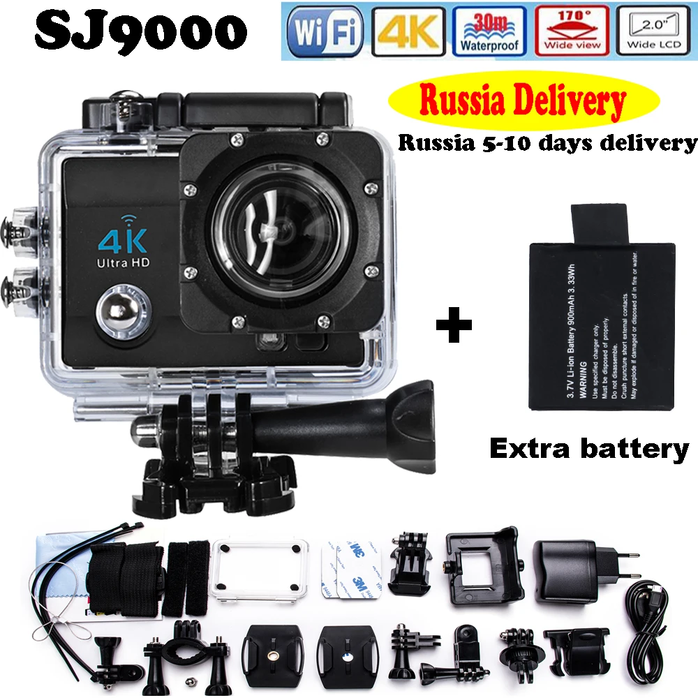 Russia Delivery Add Two Battery Action Camera go style pro 4 Ultra HD 4K@30FPS DVR 16MP 2.0"LCD waterproof 30M Action Cam