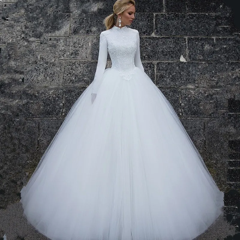 

2019 Muslim wedding dress princess cap sleeves Appliques A-line wedding Grown chapel train vestido de noiva Custom made dress
