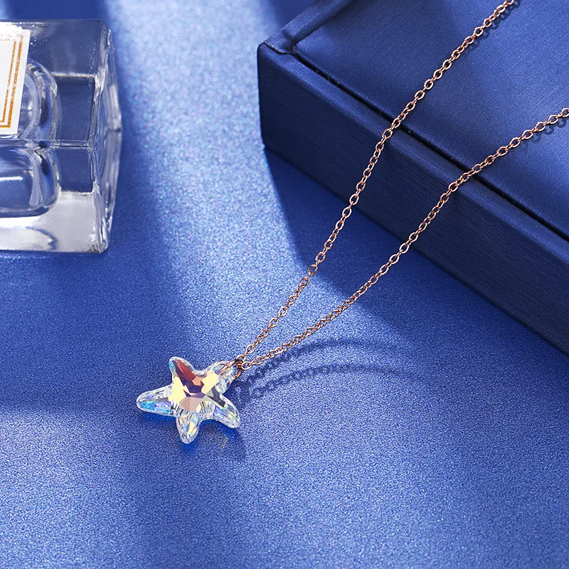 

Colorful Crystal Starfish Necklace For Women 2019 New Top Quality Stainless Steel Simple Short Necklaces