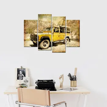 

4 Panel Wall Art Painting Yellow Vintage Classic Car Pictures Print On Canvas Home Decor for Living Room