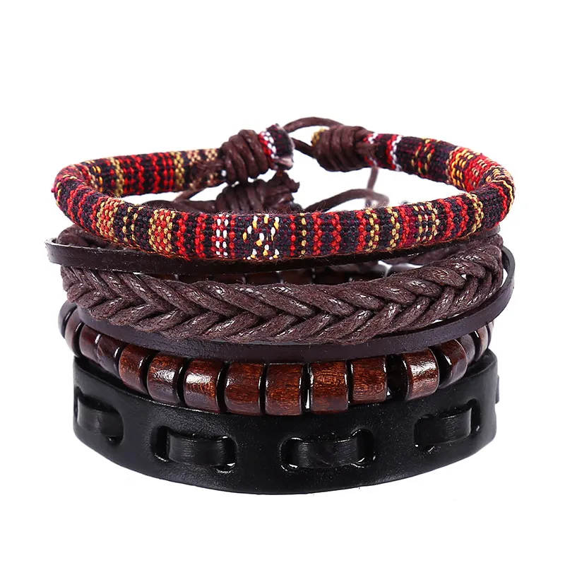 

4pcs/set hippie punk black brown leather knots Layers tibetan ethnic pattern beads wood beads wrap wide Bracelet Bangle for man