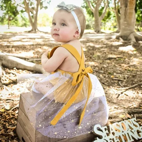 

Novelty Fashion Summer Baby Girls Rompers Sling Princess Star Mesh Faux Dress Design Girls Body Suit Jumpsuit Children Clothes