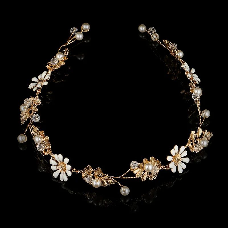 

SLBRIDAL Gold Wired Clear Crystals Pearls Flower Leaf Wedding Hairband Headband Bridal Stuio Hair Accessories Bridesmaids Women