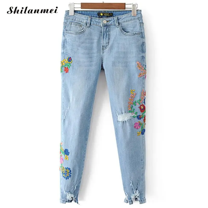 

Womens Embroidered Jeans Femme Vintage Blue Broderie Hole Long Retro Scratch Worn Feet Straight Pants Floral Jeans Women xs 2017