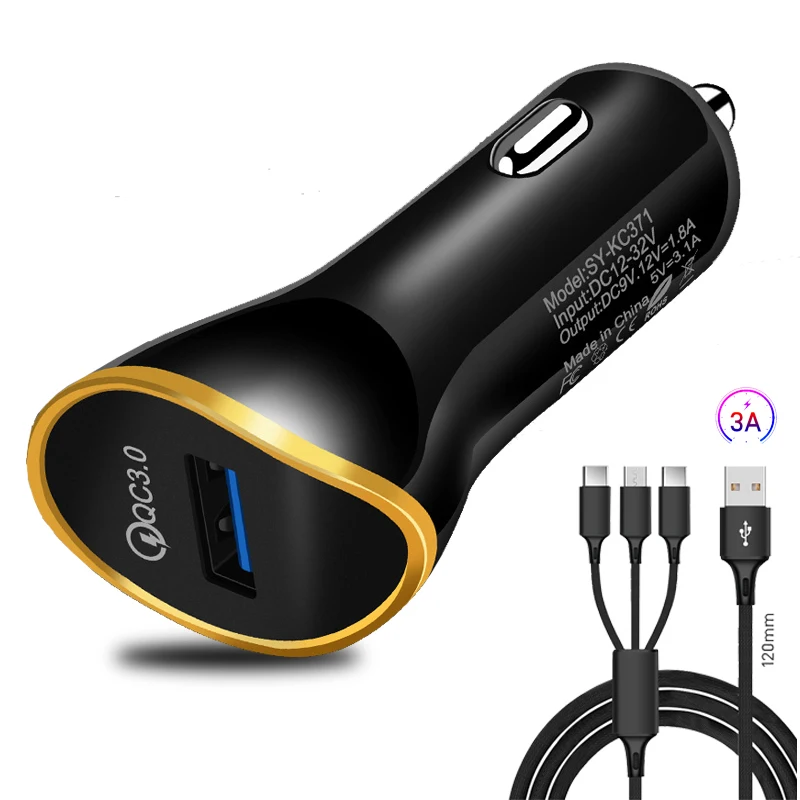 

18W Quick Charge 3.0 Car Charger 3 in 1 Type c Micro Charging Cable for iPhone 6 Samsung Huawwei Xiaomi LG USB Travel Charger