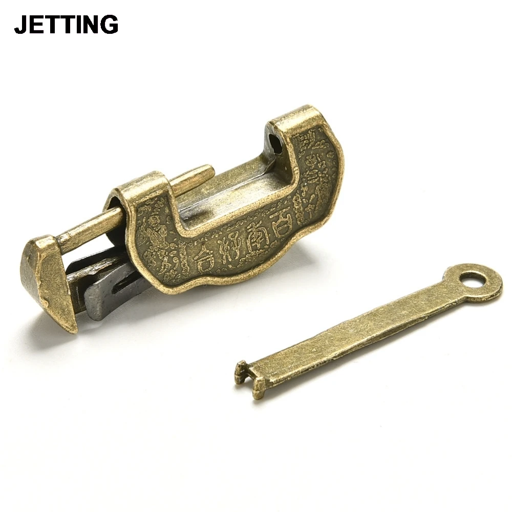 Jewelry Wooden Box Padlock Antique Iron Chinese Old Lock Retro Brass Padlock for Suitcase Drawer Cabinet + Key