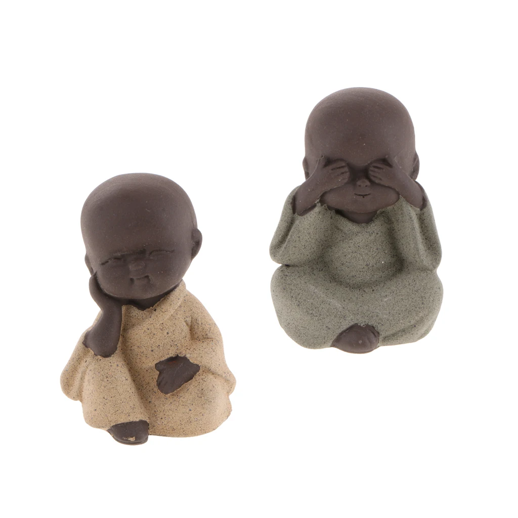 2PCS Cute Little Monk Buddha Tea Pet Figurine Statues Teahouse Tea Tray Ornaments Home Office Decor