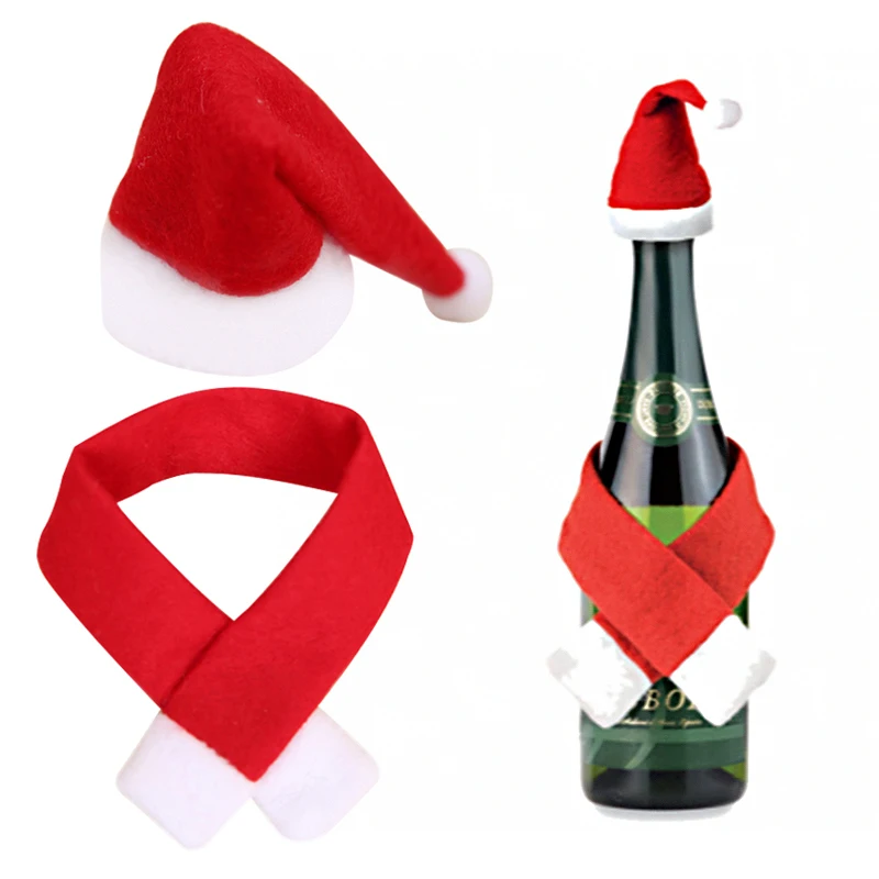 New Arrival 1set Christmas Hat Champagne Wine Glass Hat Bottle Wrap Scarf Christmas Party Decorations Dinner Table Decors photo
