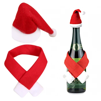 

New Arrival 1set Christmas Hat Champagne Wine Glass Hat Bottle Wrap Scarf Christmas Party Decorations Dinner Table Decors