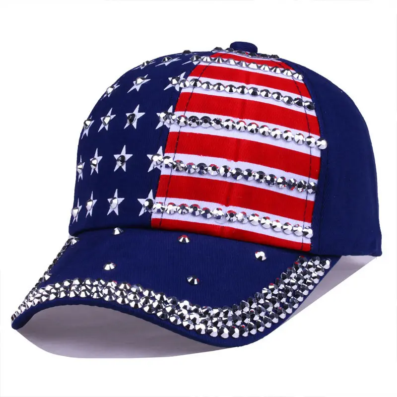 Шикарные стразы, полосы, звезды, американский флаг, бейсбольная кепка, защелкивающиеся сзади головные уборы для мужчин и женщин, темно-синие, красные, черные - Цвет: Navy