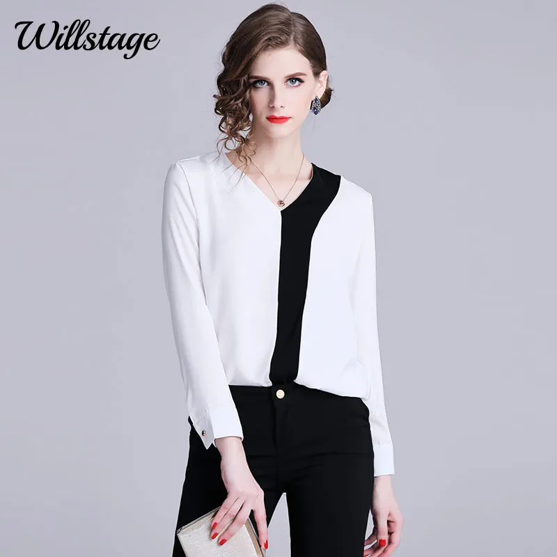 Willstage 2019 New Spring Blouse Women black and white Patchwork V neck ...