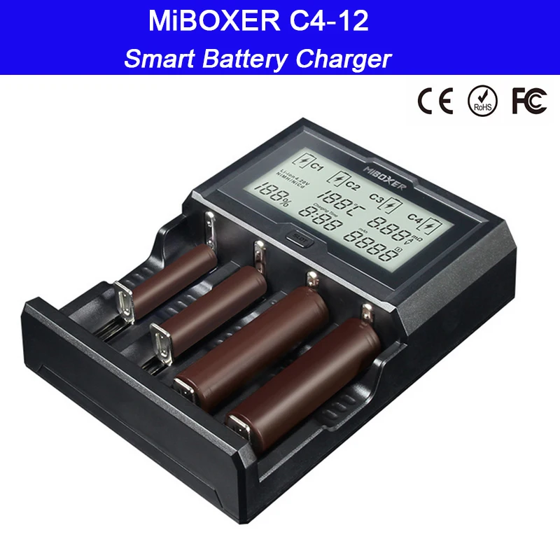 Умное зарядное устройство Miboxer 12 а 4 слота ЖК экран для литий ионных/Ni mh/Ni Cd/LiFePO4