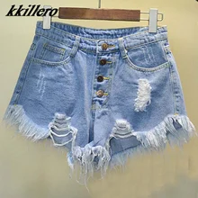 2019 European and American BF summer wind female blue high waist denim shorts women worn loose