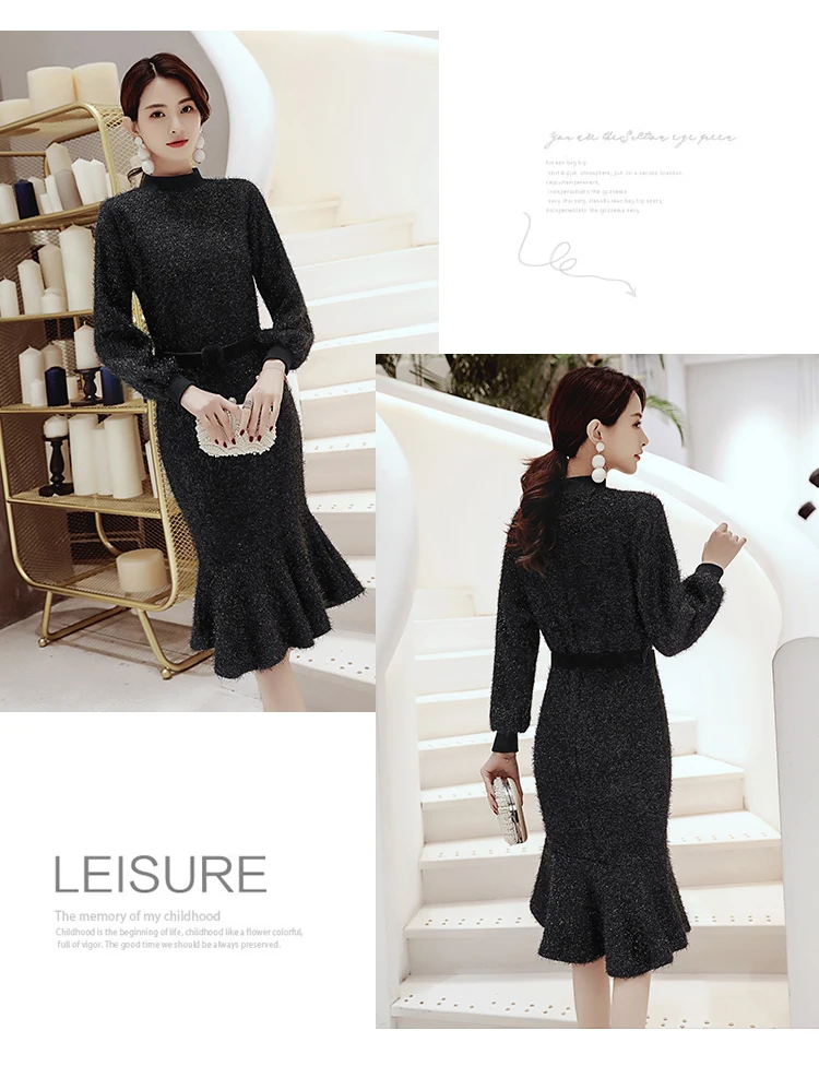 Мода весенние дизайнерские платья Русалка женские черные с длинным рукавом Миди платья-свитера размера плюс вечерние вязаные платья