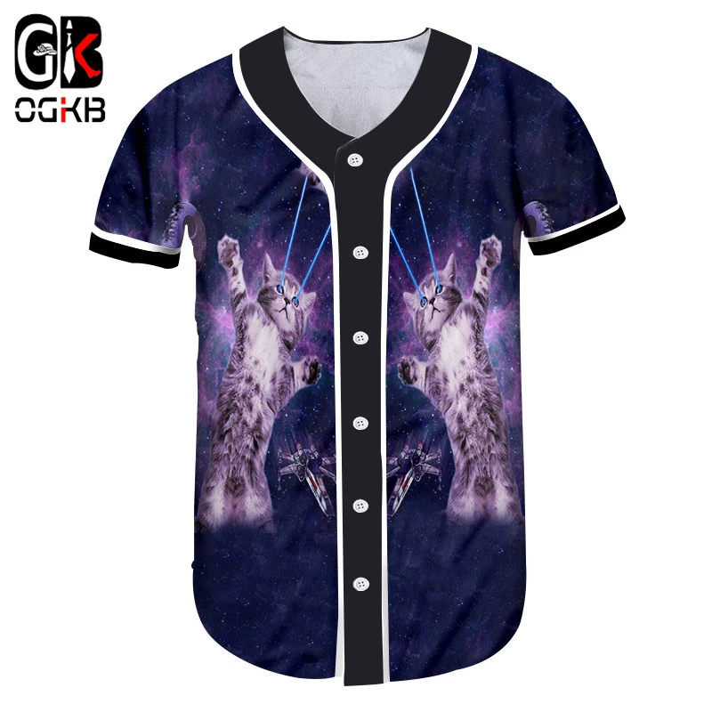 

OGKB New Summer Tops Button Tshirt Funny Print Galaxy Space 3D Baseball T-shirt Anime Cat Uniforms Tshirt V Neck Tees 5XL
