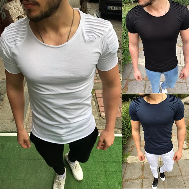 2018 New Mens Summer Casual Shoulder Pleat T shirt Fashion Fit Slim ...