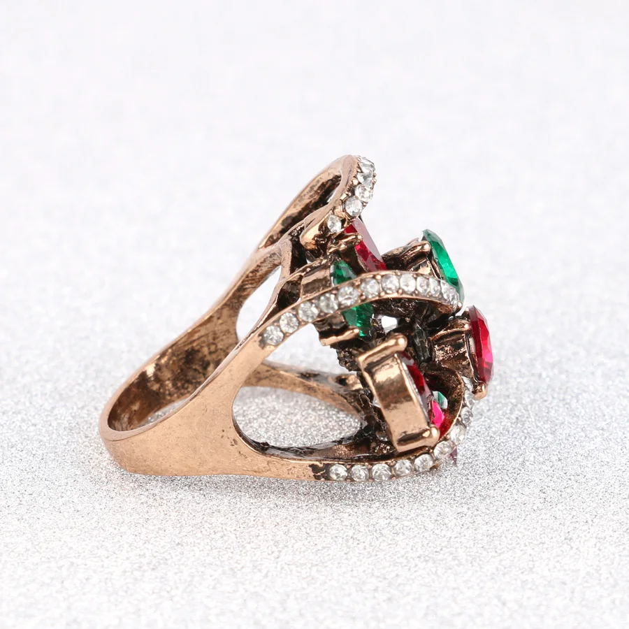 Luxury Antique Rings For Women Color Gold Crystal Flower Ring Multiple Layers Resin Party Anel Aneis Vintage Jewelry