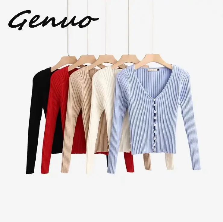 

Genuo 2019 Spring New Stylish Knitting Single Breasted Pearl Cardigan Sweater Woman Deep V-neck Long Sleeve Jumper