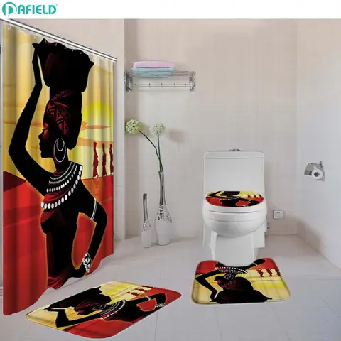 Mulheres do Afro Cortina de Chuveiro Esteira de Banho Acessórios do Banheiro Cortinas com Ganchos 4 Pçs e set Americano Banho Conjunto Tapete Higiênico Tampa Conjunto