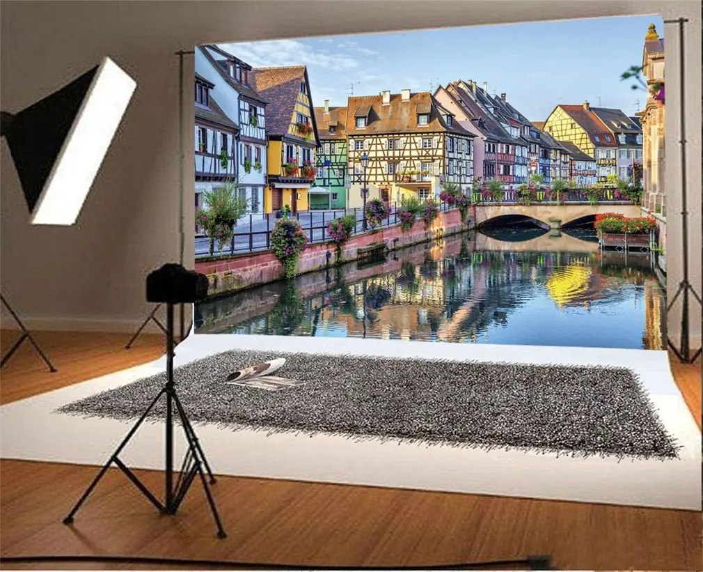 

Photography Backdrop Colmar Alsace Little Venice and Traditional Houses Bridge River Street Photo Background