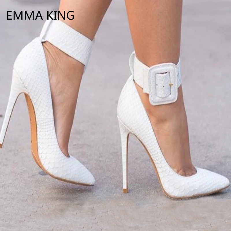

EMMA KING New 2018 High Heels For Women Size 12cm Hot Sells Party Stiletto Pointed Toe Thin Buckle White Red Women Pumps