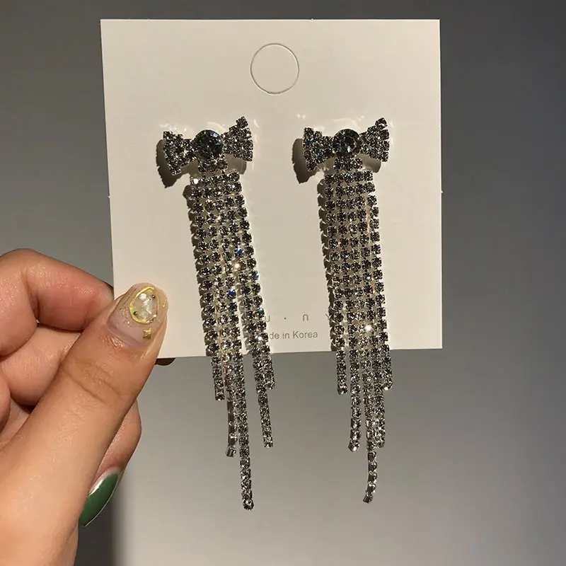 Flatfoosie New Silver Color Rhinestone Crystal Long Tassel Earrings for Women Bridal Dangle Earrings Brincos Wedding Jewelry