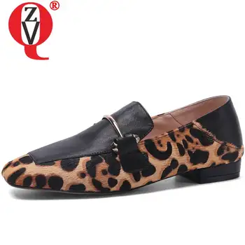 

ZVQ genuine leather woman flat shoes spring Square toe Boat shoes fashion office brown black gray Leopard pattern loafers shoes