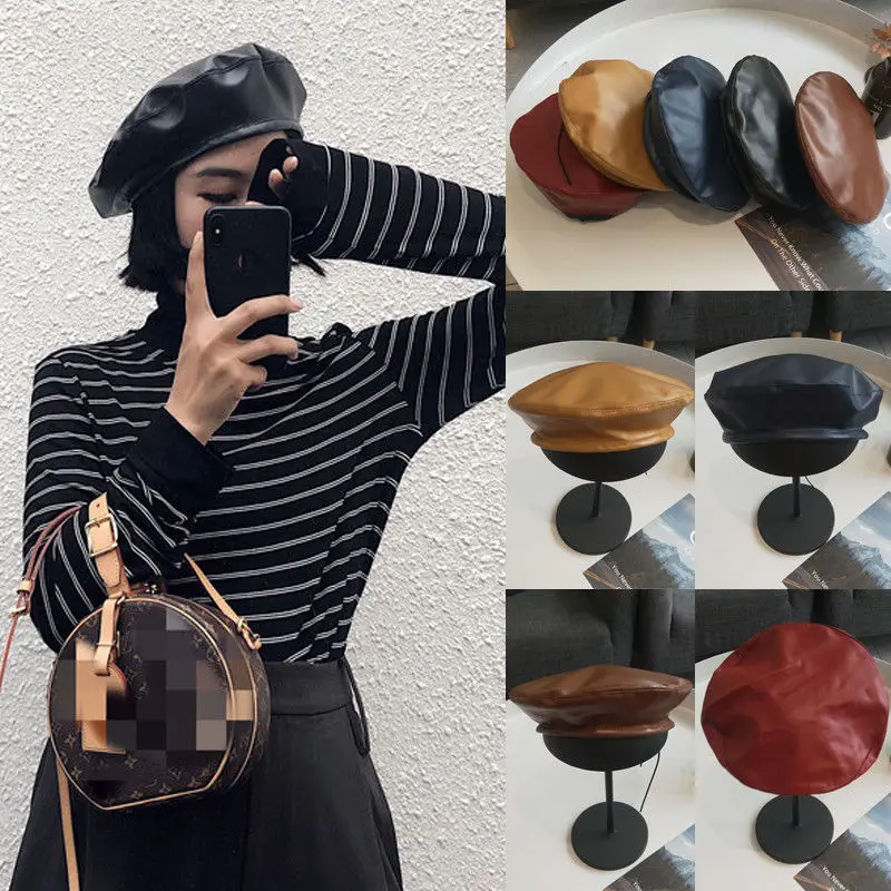 

Women Hot Fashion Beret Solid Faux PU Leather Beret French Artist Warm Beanie Hat