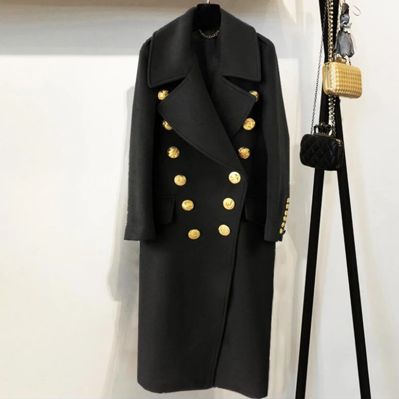 

High Quality Winter Thick Female Coat Animal Avatar Personality Double Gold Metal Button Buckle X- Long Black Women Wool Blends