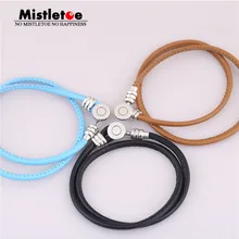 Аутентичный 925 пробы Серебряный Синий Коричневый Черный Двойной Кожаный Браслет, прозрачный CZ Fit Eurpeon ювелирные изделия