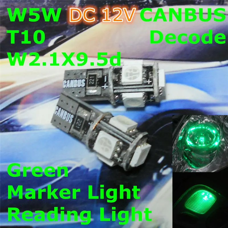 

12V LED CANBUS Decode Green Color Car Bulb Lamp T10(5*5050 SMD) W5W W2.1X9.5d for Clearance Width Light