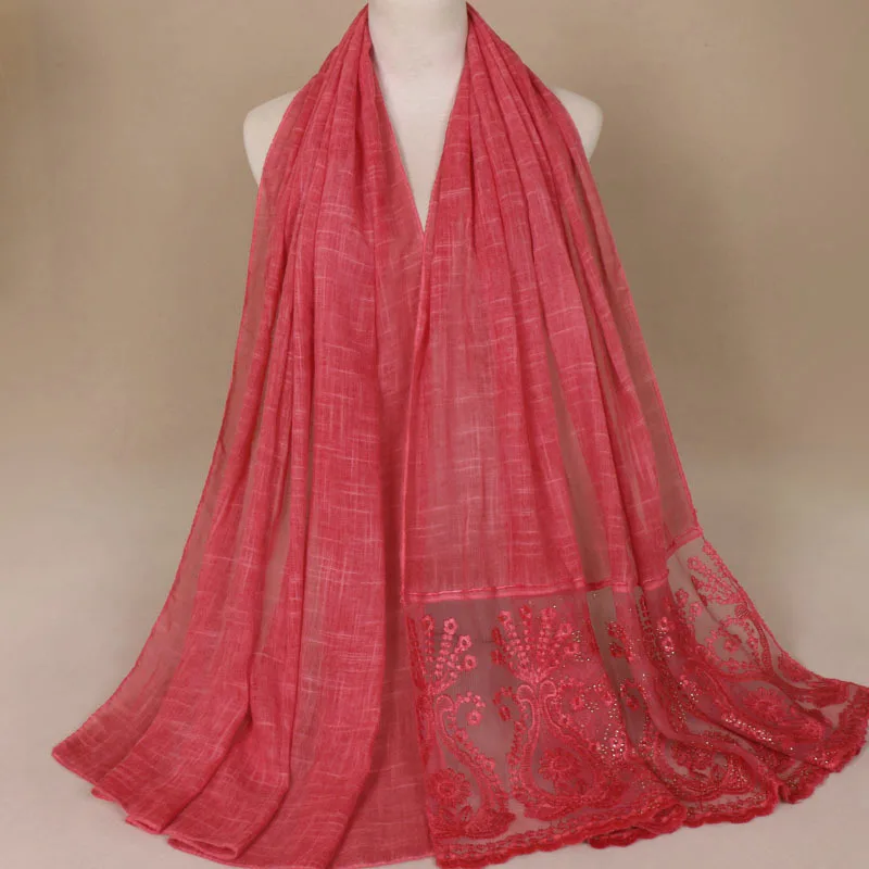 Модный галстук-окрашенный хлопок монохромный женский платок на голову длинные кружева точка Стразы сплит-сустав хиджаб фуляр - Цвет: 9 red