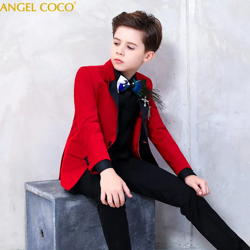 

Red Suit Blazer For Boy Single Buckle Boys Suits For Weddings Peacock Feather Bow Tie Boys Blazer Jogging Garcon 2018 Menino