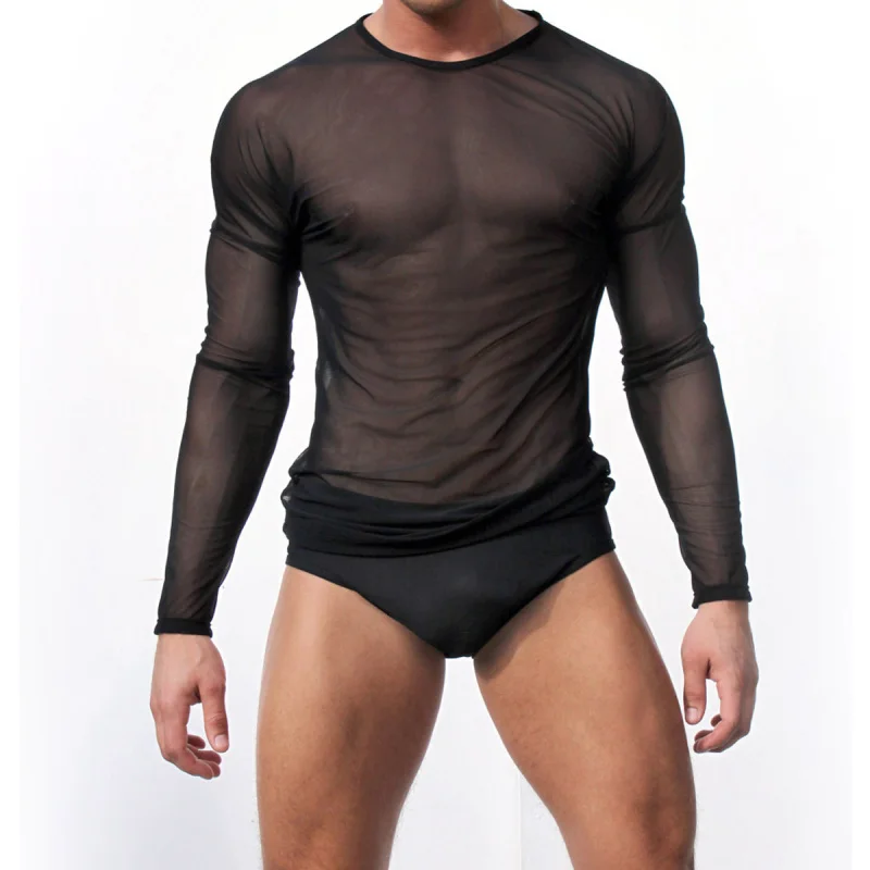 

Men's Summer Building Long Sleeve T-Shirt Tee Male Sexy Sheer Mesh Tight Slim See-through O neck T-Shirt Tops Blusas