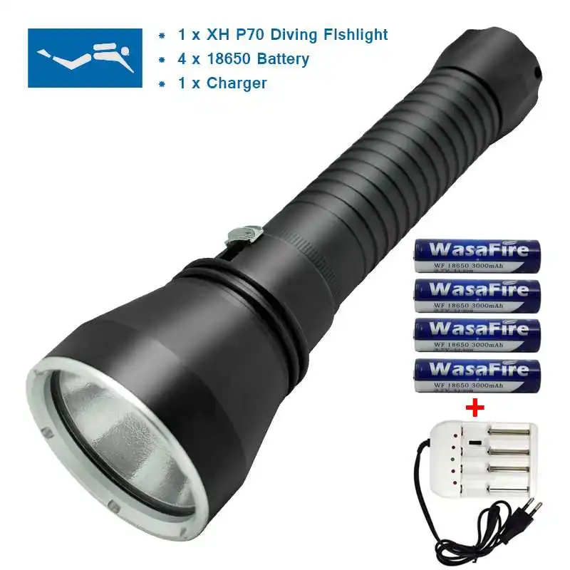 

XHP70 LED 5000 Lumen Torch For Underwater Hunting Scuba Diving Flashlight Dive 130m Powerful Light With 18650 Battery + Charger