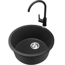 Заводская круглая черная кварцевая кухонная раковина с одним слотом, для бассейна, умывальника, для одной чаши, для ванной, круглая с краном