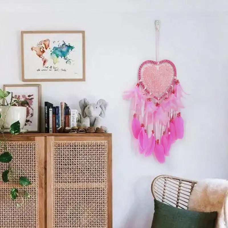 Ручной работы Ловец снов бисер с перьями сердце автомобиль Висячие украшения орнамент подарок ремесло Ловец снов, китайский колокольчик искусство Pendan