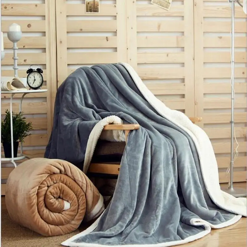 

Europe Winter Warm Throw Home Travel Office Bed Lamb Cashmere Polyester Double Layer Thicken Soft Living Room Blanket