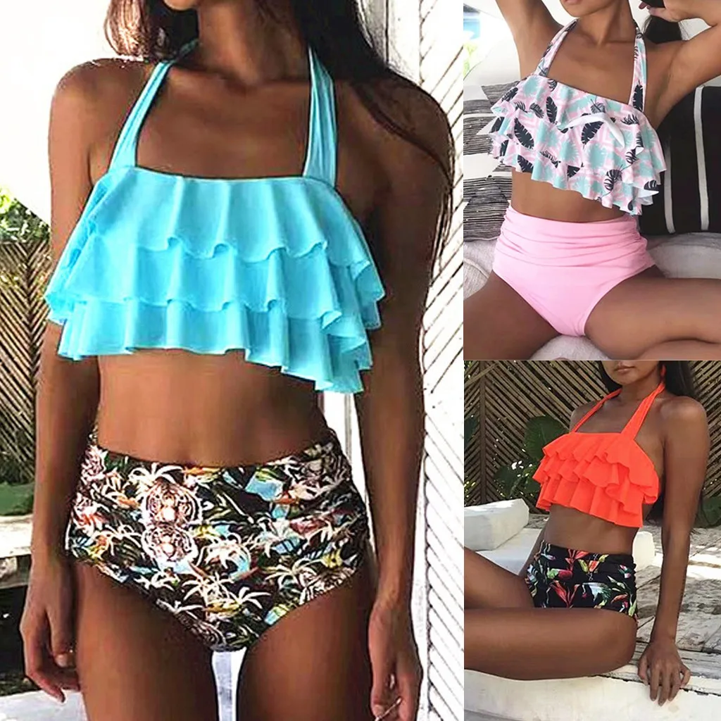 VEKDONE Womens Two Piece Tankini Swimsuit High Waist Off Shoulder Ruffled Bikini Set Swimwear Bathing Suit