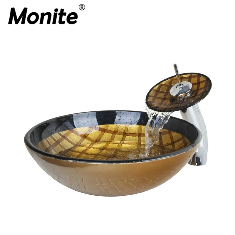 Luxury Gold Waterfall Chrome Basin Tap Bathroom Sink Washbasin Glass Hand Painted Lavatory Bath