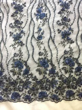 

1 yard dark blue bridal lace fabric, guipure mesh lace with 3D flowers, super dedicate heavy beaded lace
