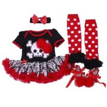 Newborn Baby girl clothes Cotton Skull with flower Damascus+Black Short Romper Dress+Toddler Shoes+Socks+Headband Baby clothing
