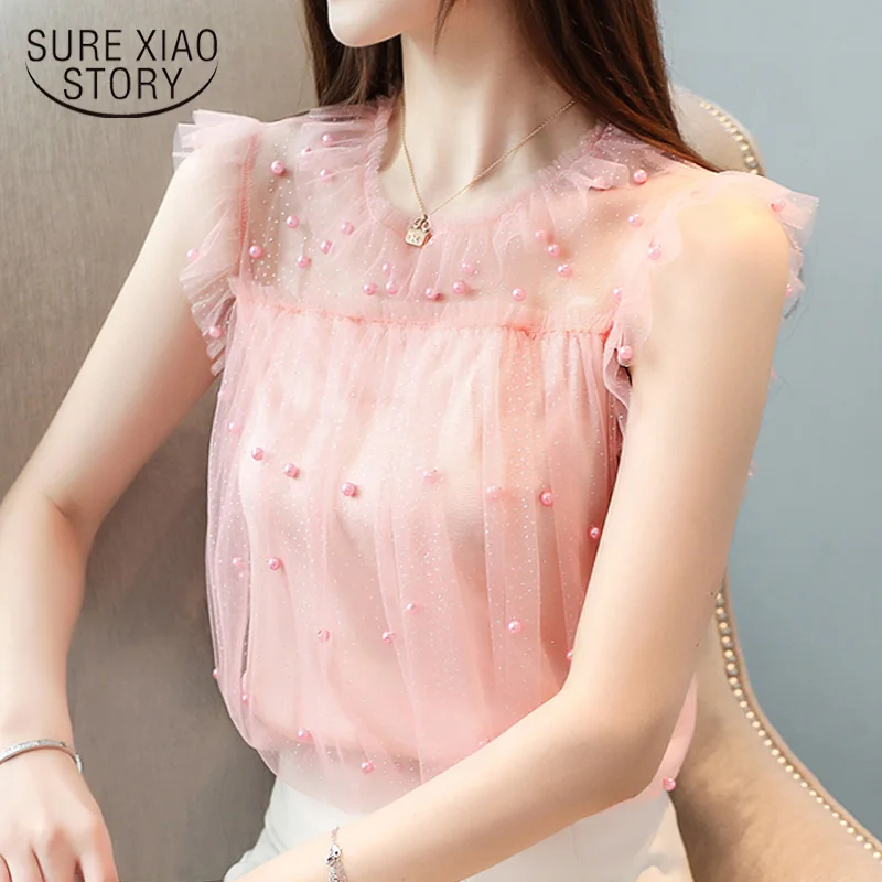 women's summre blouses 2019 sleeveless beading Mesh stitching lace women blouse camisas mujer womens tops and blouses 4434 50