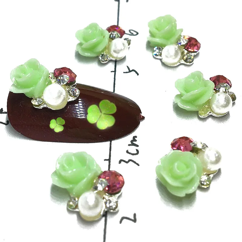 

10 Pcs Flowers Rhinestones Nails Design Green Gems Mixed Rose Red Diamonds Pearl Glitter Crystals 3d Charms Jewelry Metal Studs