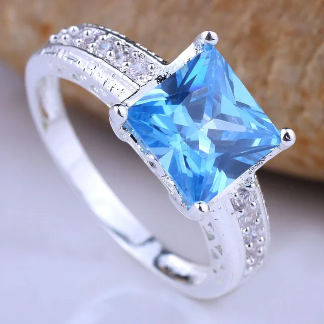 Для женщин Подлинная кольцо стерлингового серебра 925 8x8 мм Площади CZ Ювелирные изделия из кристаллов платье R080 Размеры 6 7 8 9 - Цвет основного камня: Blue Topaz