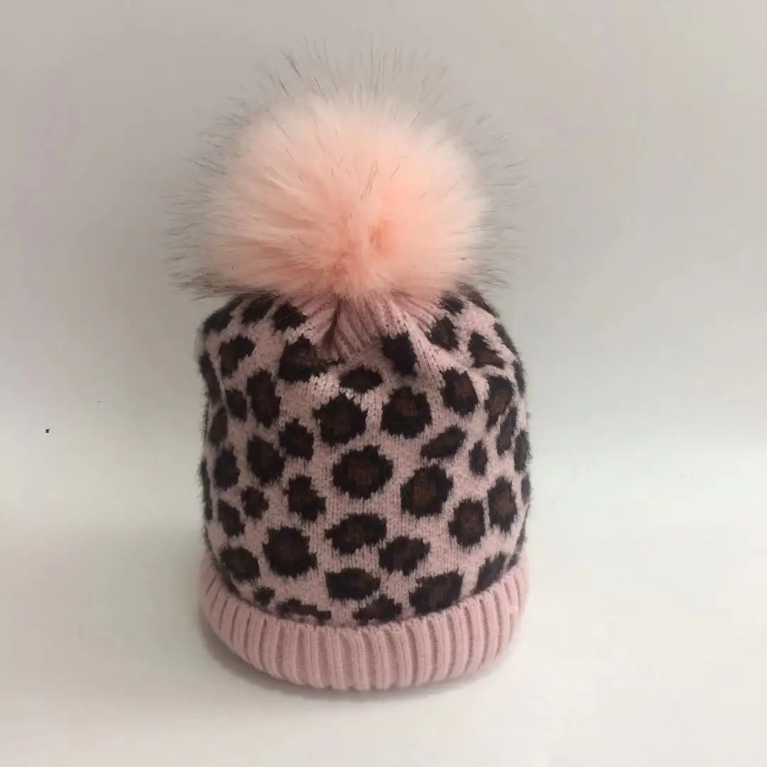 Детские шапочки от 6 месяцев до 2 лет, леопардовые вязаные шапочки с помпоном для маленьких мальчиков и девочек, зимние вязаные шапочки с помпоном из искусственного меха для девочек - Цвет: pink 3