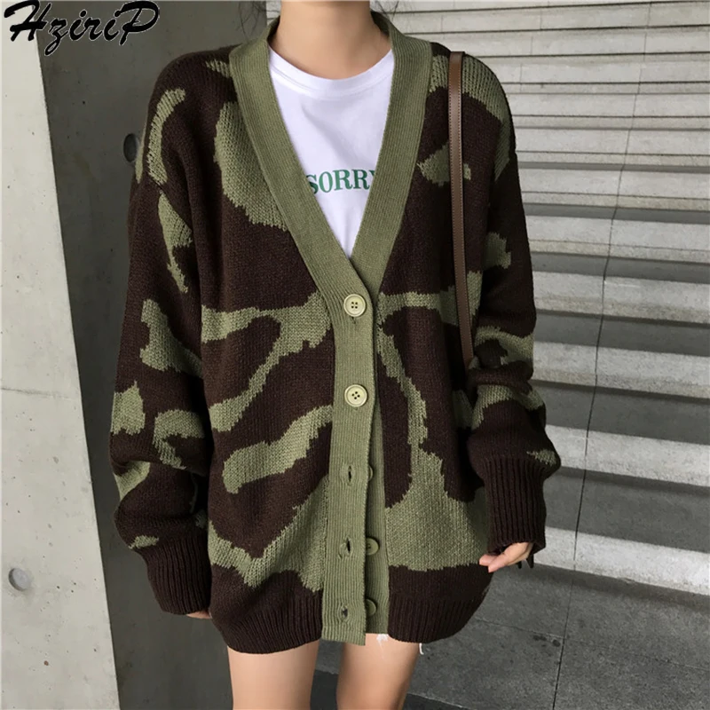 

HziriP 2018 Autumn Winter Women Comfortable Sweater Loose Knitted Cardigans Long Sleeve Camouflage High Quality Single Breasted