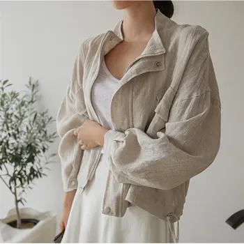 

HziriP New Style Spring Autumn 2019 Casual Vintage Pockets Streetwear Stand Brief Cotton Linen Tops New Solid Women Loose Coat