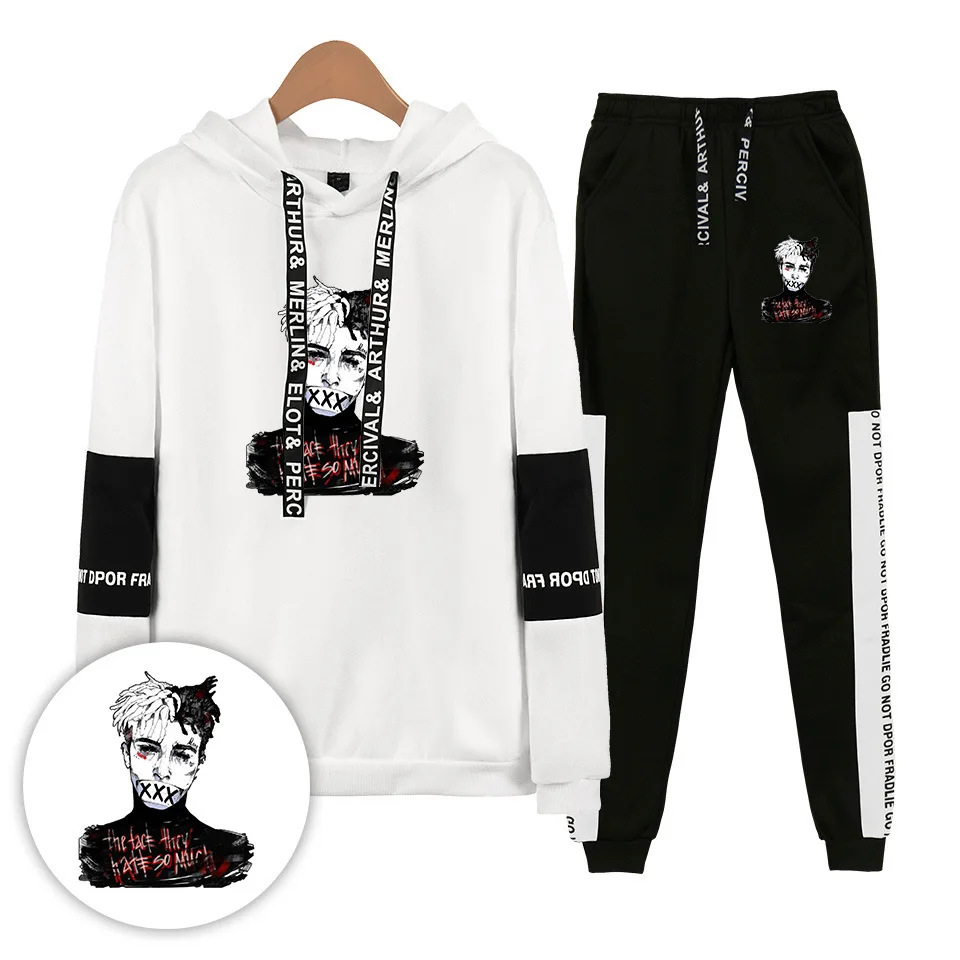 

Hip Hop Rapper XXXTentacion Men Track Suits Hooded Jacket Sweatsuit Sports Suits Two Piece Set Top and Pants Male Streetwear